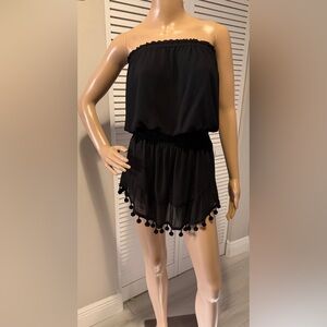 Ramy Brook Black Strapless Silk Mini Dress | Pom Pom Trim | XS